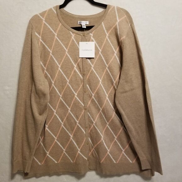 Croft Barrow 2X Cardigan Sweater 100% Cotton Tan Argyle Preppy Business Casual - Picture 1 of 11